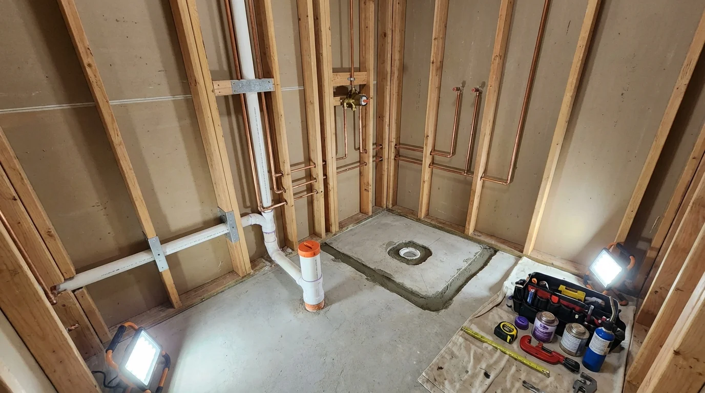 Bathroom rough-in plumbing during remodel by Johns Plumbing LLC in Walnut Cove