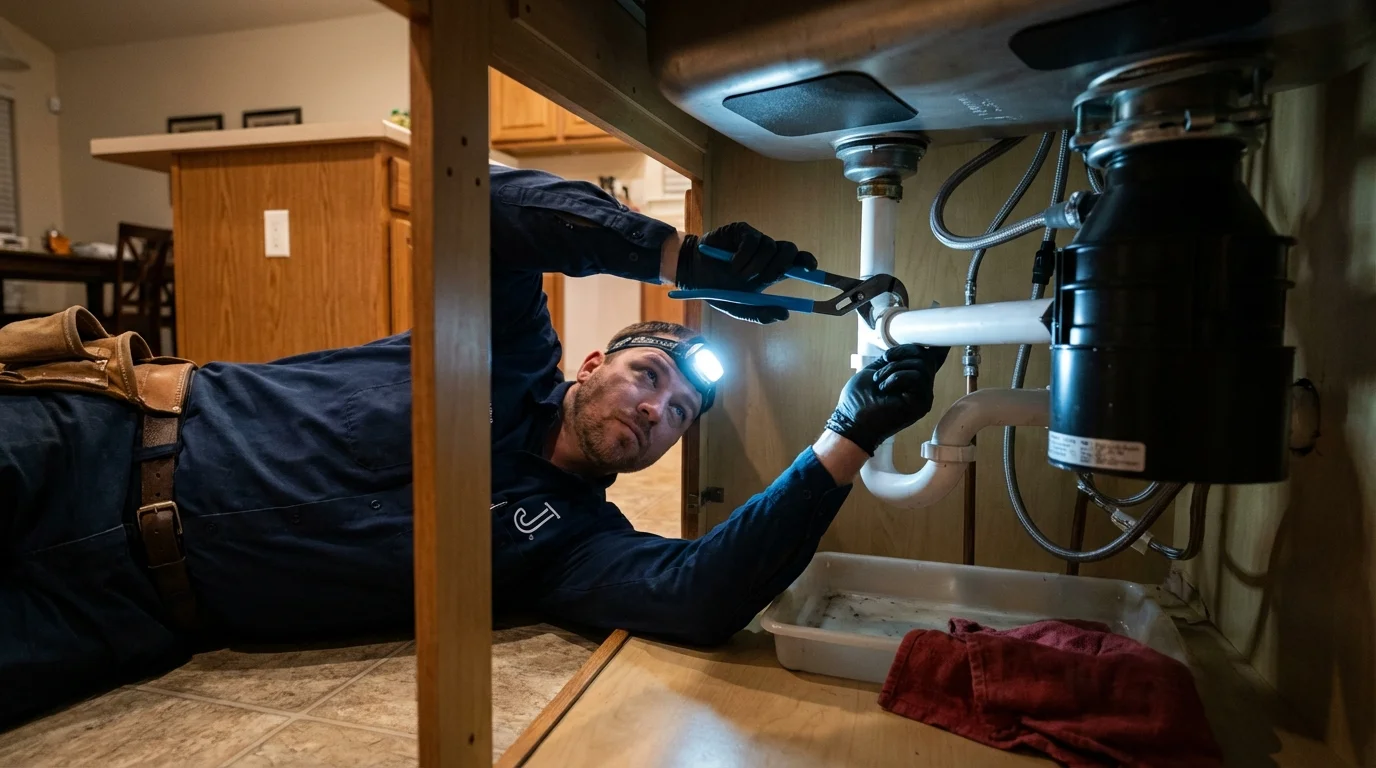 P-trap and supply line connections under a kitchen sink showing a common leak point in Walnut Cove, NC